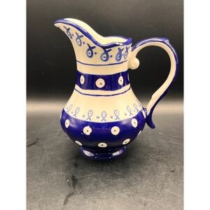 Vtg Kent Pottery Pitcher Creamer Blue White Hand Painted Floral Stoneware Jug 6"
